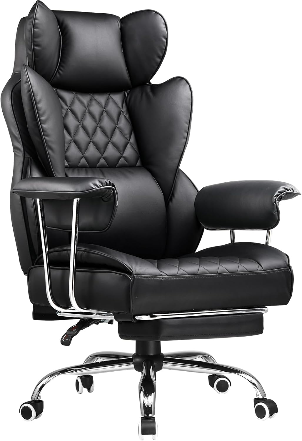 COMHOMA Big and Tall Office Chair High Back Leather Gaming Chair with Footrest Executive Ergonomic Office Chair with Pocket Spring Lumbar Support and with Outward Fixed Soft Armrests